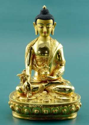 Fully Gold Gilded 8.25" Sangye Menla Statue, Brilliant 24K Gold Finish - Gallery