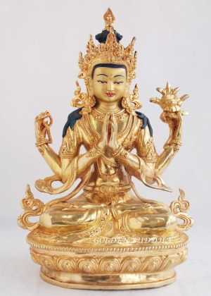 Fully Gold Gilded 12.75" Beautiful Padmapani Sculpture, Fire Gilded, Handmade - Gallery