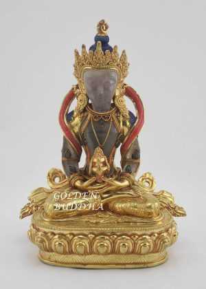Gold Gilded 8.75" Tibetan Aparmita Statue, Crystal Body, Semi-Precious Stones, 24K Gold Finish - Front