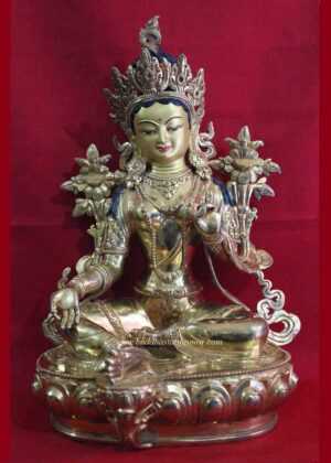 Fully Gold Gilded 8" Jetsun Dolma Sculpture, Hand Face Painted - Front