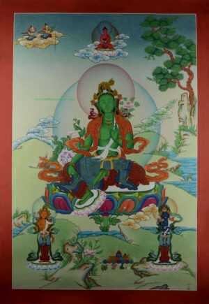 Green Tara Tibetan Thangka Hand Painted 24k Gold Detailing 33" x 23" - Full Front