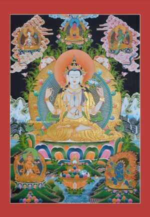 Tibetan Avalokiteshvara Thangka 33.5" x 24.25", 24k Gold Detailing - Gallery