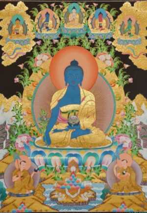 Medicine Buddha Tibetan Thangka Painting 46" x 35" (24k Gold Detail) - Gallery