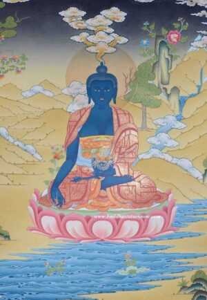 Medicine Buddha Tibetan Thangka Painting 32.25" x 27" (24k Gold Detail) - Gallery