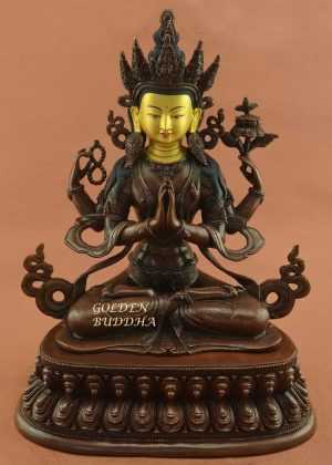 Oxidized Copper 15.25" Chenrezig Statue, Gold Face Painted, Fine Hand Carved Details - Gallery