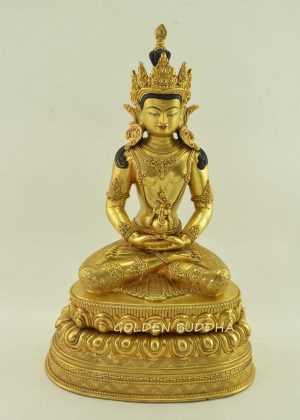 Fully Gold Gilded 13.5" Aparmita Statue Double Lotus Pedestal - Gallery