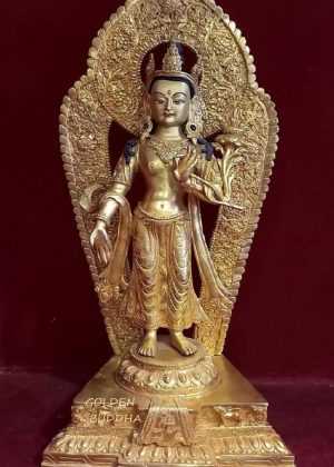 Fully Gold Gilded 15.75" Standing Avalokiteshvara Statue, 24k Gold Face Painted - Gallery