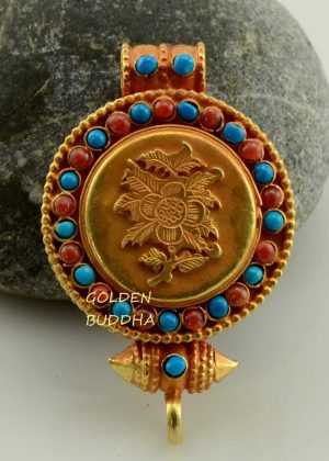 Lotus Flower Ghau Pendant 45mm, Gold Plated Silver, Embedded Coral and Turquoise - Gallery
