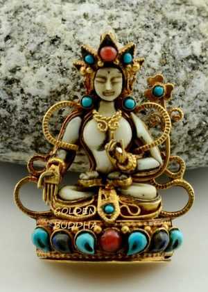 White Tara Ghau Pendant 40mm, Gold Plated Silver, Embedded Coral and Turquoise Stones - Gallery