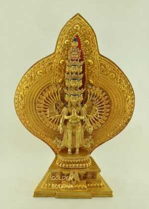 Fully Gold Gilded 20" 1000 Armed Avalokiteshvara Statue, Hand Face Painted, Beautiful Engravings - Gallery
