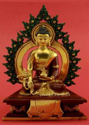 Gold Gilded 7" Framed Medicine Buddha Statue, Fire Gilded 24k Gold Finish, Hand Face Painted - Gallery