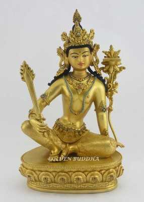 Manjushri Statue, Maasterpiece Quality, 13&quot;, Fully Gold Gilded 24K Gold, Front