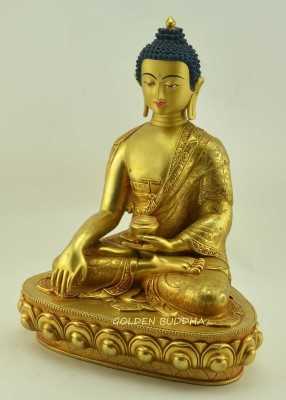 Fully Gold Gilded Shakyamuni Buddha Statue, Handmade in Patan Nepal, 14.5&quot; Side