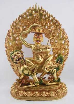 Fully Gold Gilded 22&quot; Nepali Dorje Shugden Statue, Fire Gilded 24k Gold Finish, Handmade - Gallery