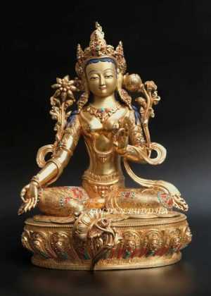Fully Gold Gilded 45cm Masterpiece Green Tara Statue, Embedded Turquoise and Red Coral - Gallery