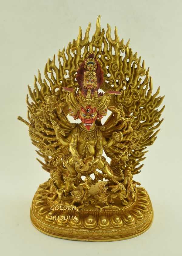 Fully Gold Gilded 11.5" Yamantaka Statue, Fine Detail Carving, Fire Gilded 24K Gold Finish - Buddhist Destroyer of Death