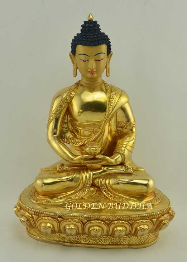 Fully Gold Gilded 13" Amitabha Statue, Fire Gilded 24k Gold Finish, Hand Carved Fine Details - Pure Land Buddhist gods