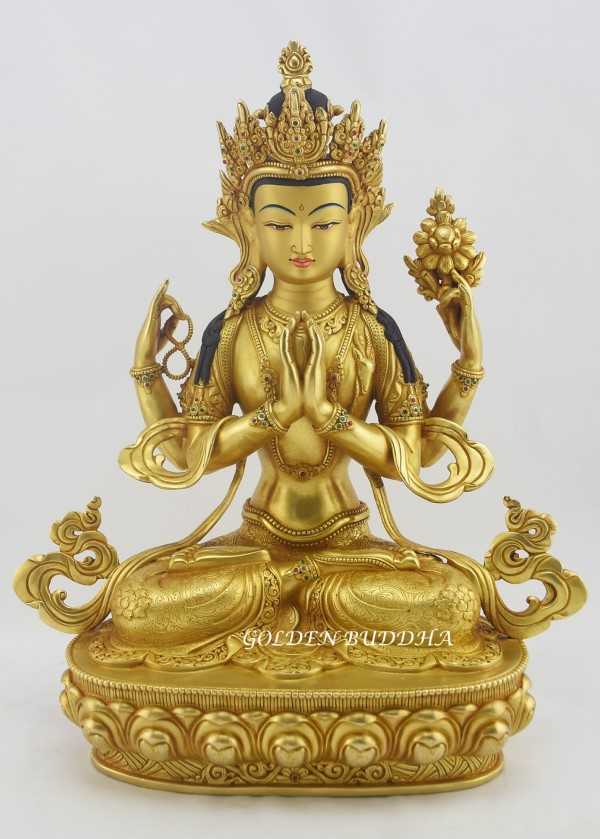 Fully Gold Gilded 13.75" Chenrezig Bodhisattva Statue, Antiquated, Fire Gilded 24k Gold Finish (Custom Order) - Buddhist God of Compassions
