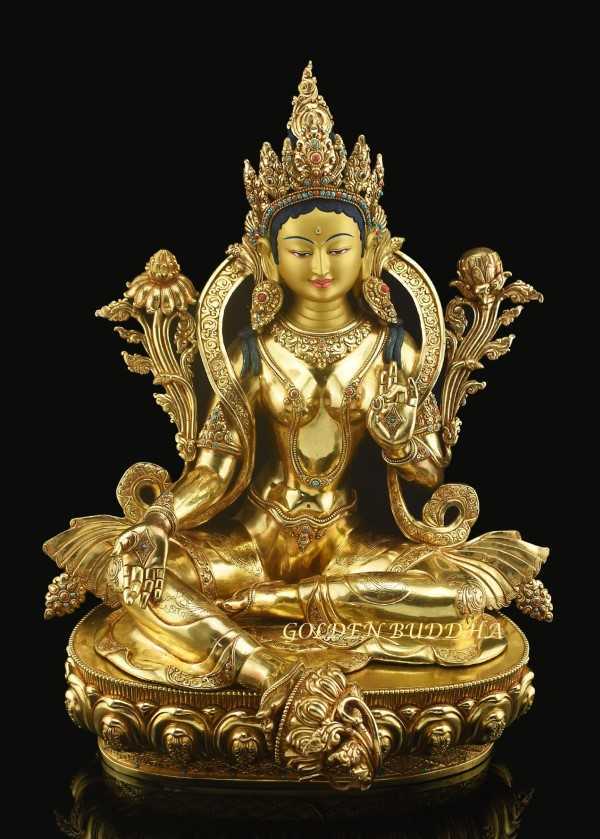 Fully Gold Gilded 18.5" Khadiravani Tara Statue, Embedded Turquoise and Red Coral - Buddhist Goddess of the Forest