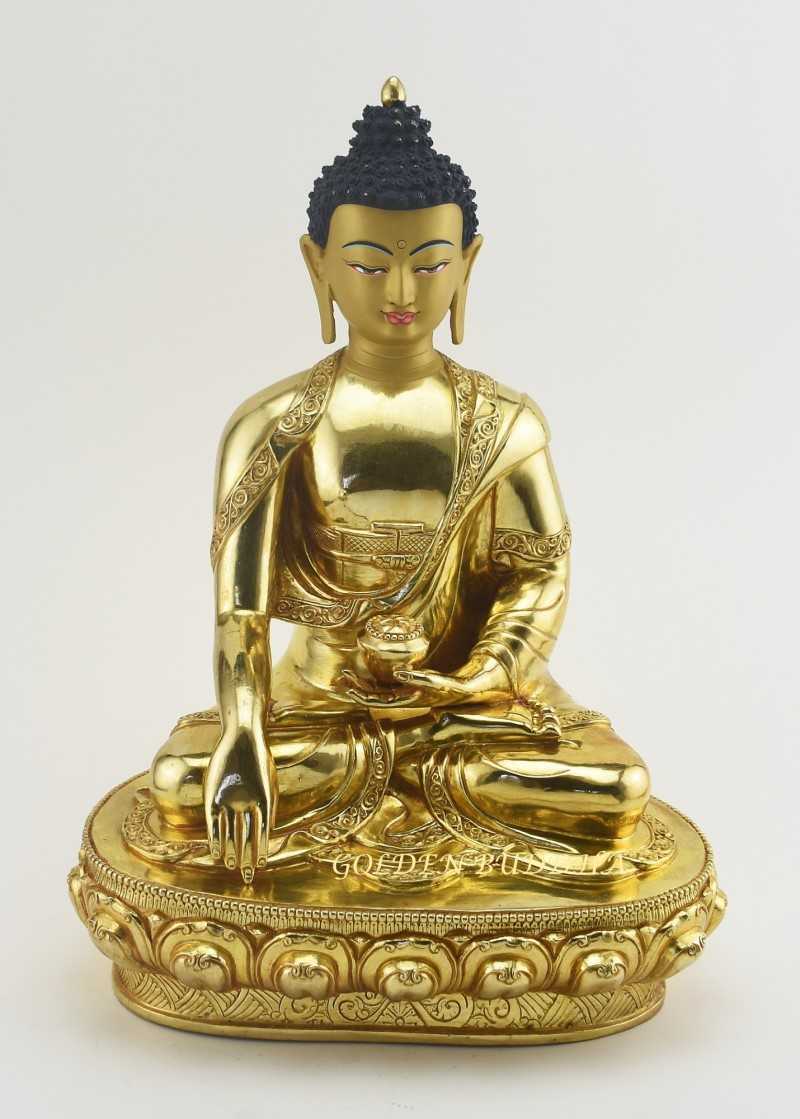Fully Gold Gilded 12.5 inch Shakyamuni Buddha Sculpture, Fine Detail, Hand Face Painted