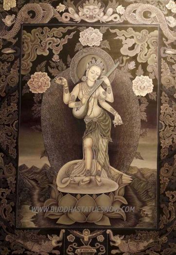 Saraswati Tibetan Thangka Painting 24" x 17.5" (Goddess of the Arts) - Gallery