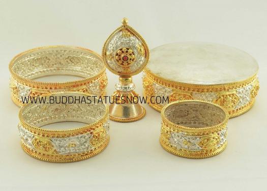 Tibetan Mandala Set 10" Fine Hand Carvings, Gold and Silver Plated (Semiprecious Stones) - Parts