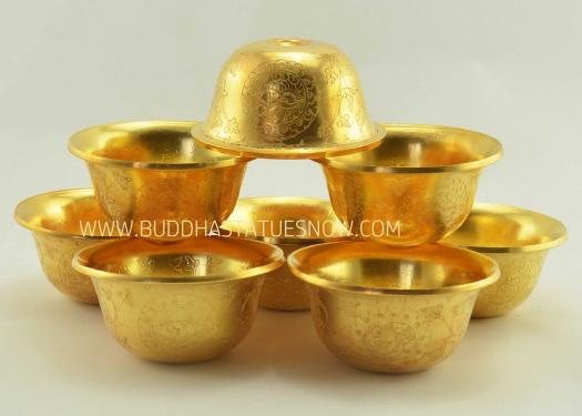 3.5" Set of Eight Offering Bowls Fine Hand Carvings, Fully Gold Plated - Gallery