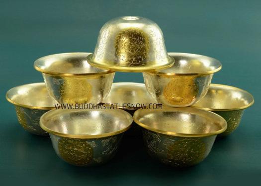 3.5" Set of Eight Offering Bowls, Fully Gold Silver Plated, Fine Hand Carvings - Gallery