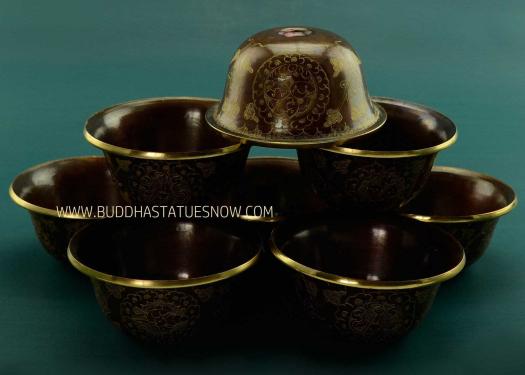 3.5" Set of Eight Offering Bowls, Hand Carved Oxidized Copper Finish w/24k Gold Gilding - Gallery