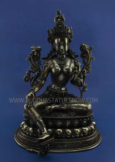 Oxidized Copper 15.5" Green Tara Statue Fine Hand Engravings - Front