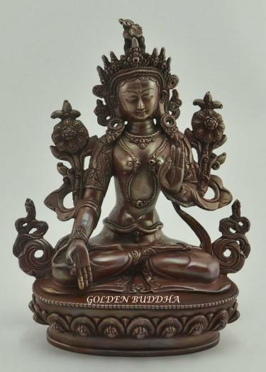 Oxidized Copper 8.5" Nepali Dolkar Statue, Find Hand Carved Details - Gallery