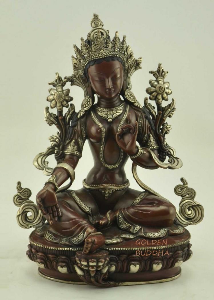 Grüne Tara Messing Inlayarbeit 24,5cm 2,7kg Handarbeit aus Nepal Shyama Buddha 