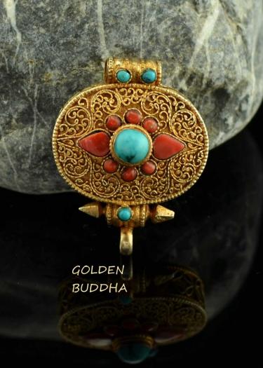 Gold Plated Ghau Pendant 37mm, Handmade Silver with Semiprecious Coral, Turquoise - Gallery
