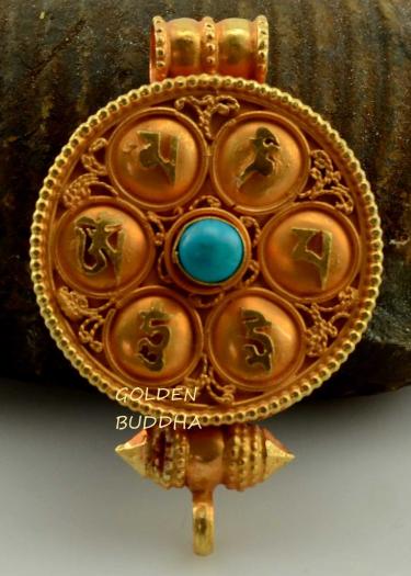 OM MANI PADME HUM Ghau Pendant 46mm, Gold Plated Silver, Turquoise - Gallery