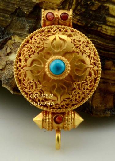 Viswa Vajra Ghau Pendant 43mm, Gold Plated Silver, Embedded Coral and Turquoise - Gallery