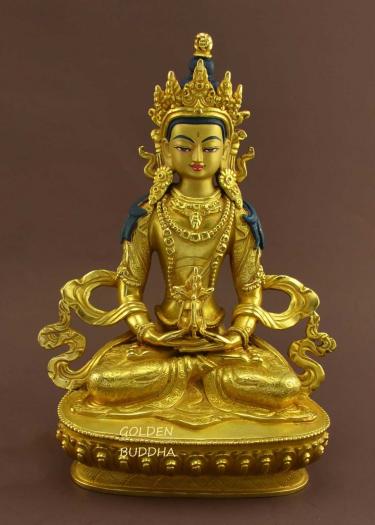 Fully Gold Gilded 9" Tsepame Statue, Beautiful Robe Engravings, Fire Gilded 24K Finish - Gallery