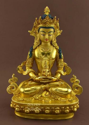 Fully Gold Gilded 10" Tibetan Tsepame Statue, Fire Gilded 24K Gold Finish, Handmade - Gallery