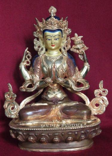Partly Gold Gilded 9" Beautiful Chenrezig Sculpture, Hand Face Painted - Gallery