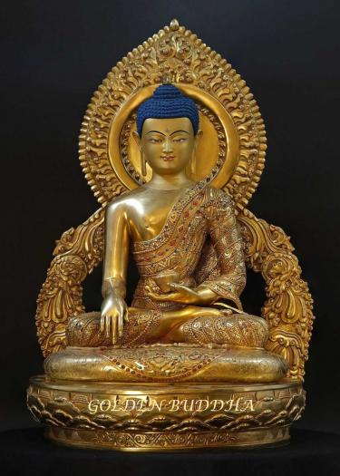 Fully Gold Gilded 52.5cm Masterpiece Gautama Buddha Statue, Beautiful Engraving, Embedded Stones - Gallery