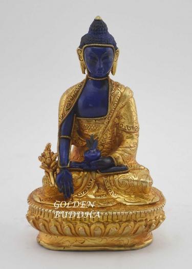 Gold Plated 6" Lapis Medicine Buddha Statue, Handmade, Lapis Paste - Gallery