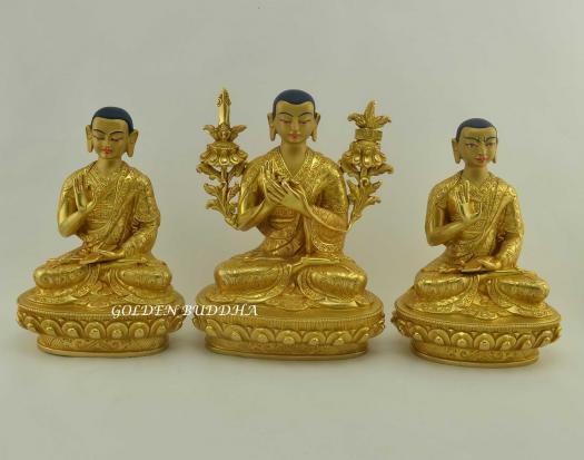 Fully Gold Gilded 8.5" Guru Tsongkhapa Statue Set, Fine Hand Carved Engravings - Gallery