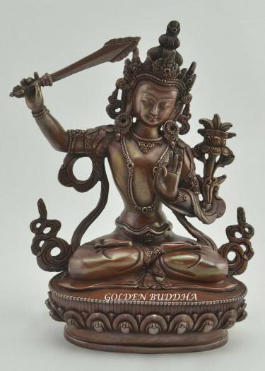 Oxidized Copper 9" Tibetan Jampelyang Statue, Fine Hand Carved Details - Gallery