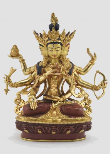 Gold Gilded 9.25" Usnisavijaya Sculpture, Gold Painted Face, Finely Hand Carved Details - Gallery