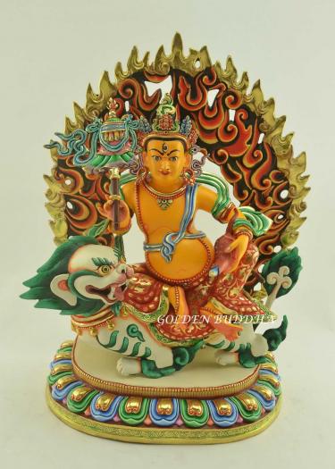 Gold Gilded, Multicolored 14" Yellow Dzambhala Sculpture with Snow Lion Mount, Hand Painted - Gallery