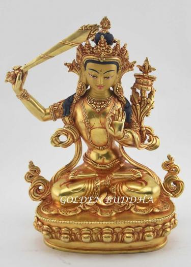 Fully Gold Gilded 9.75" Tibetan Manjushri Statue, Hand Carved, Fire Gilded 24K Gold - Gallery