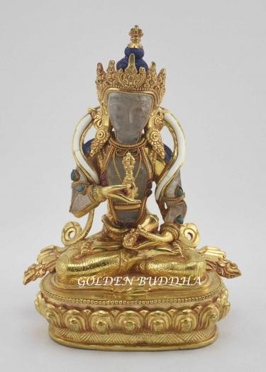 Gold Gilded 9" Nepali Vajrasattva Sculpture, Crystal Body, Semi-Precious Stones - Gallery