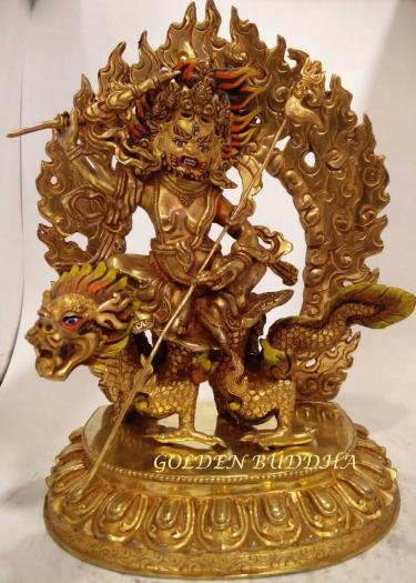 Fully Gold Gilded 9" White Dzambhala Sculpture on Green Dragon Mount, Hand Painted Face - Gallery