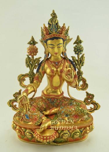 Fully Gold Gilded 14" Masterpiece Green Tara Sculpture, Hand Carving, Hand Painted Face, Fire Gilded 24K Gold - Gallery