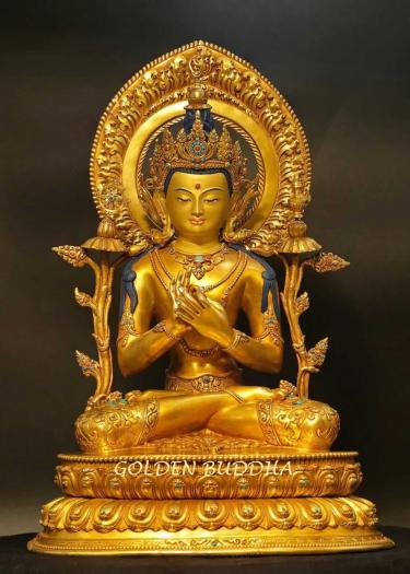 Fully Gold Gilded 48cm Masterpiece Maitreya Sculpture, Embedded Stones, Gold Face Painted - Gallery