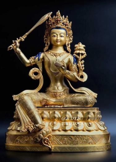 Fully Gold Gilded 52cm Masterpiece Manjushri Statue, Beautiful Engravings, Embedded Stones - Gallery